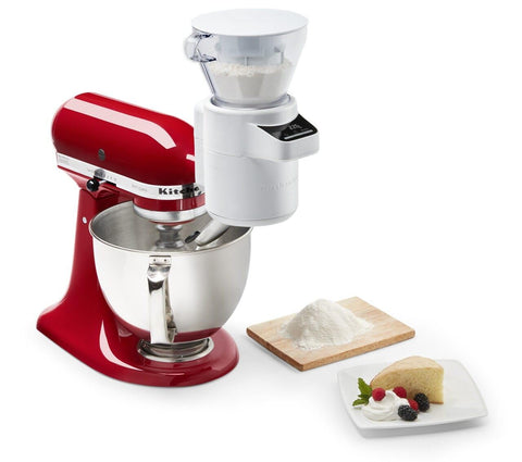 KitchenAid swivel chute dispensing sifted flour directly into bowl