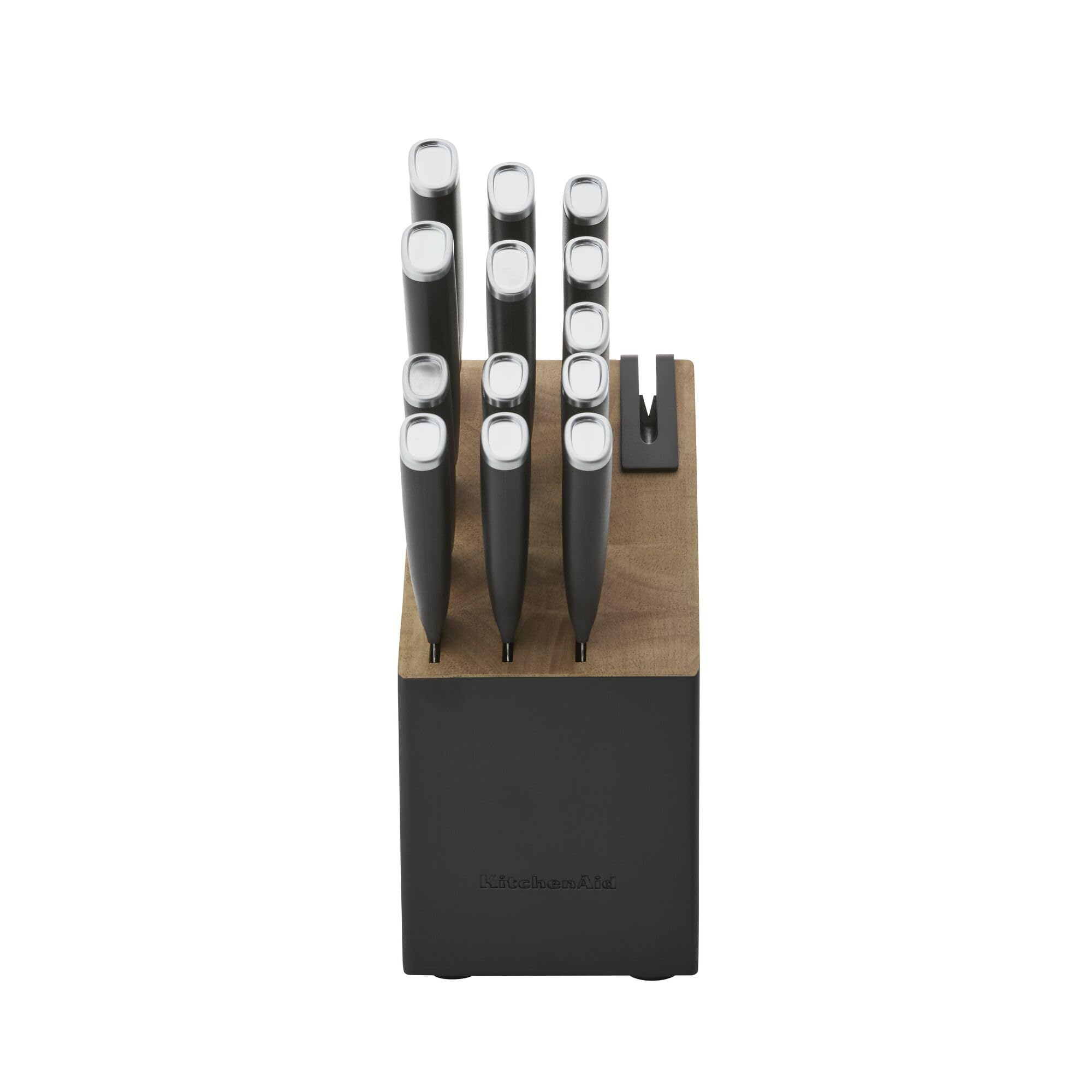 KitchenAid knives next to ruler showing compact slim block footprint