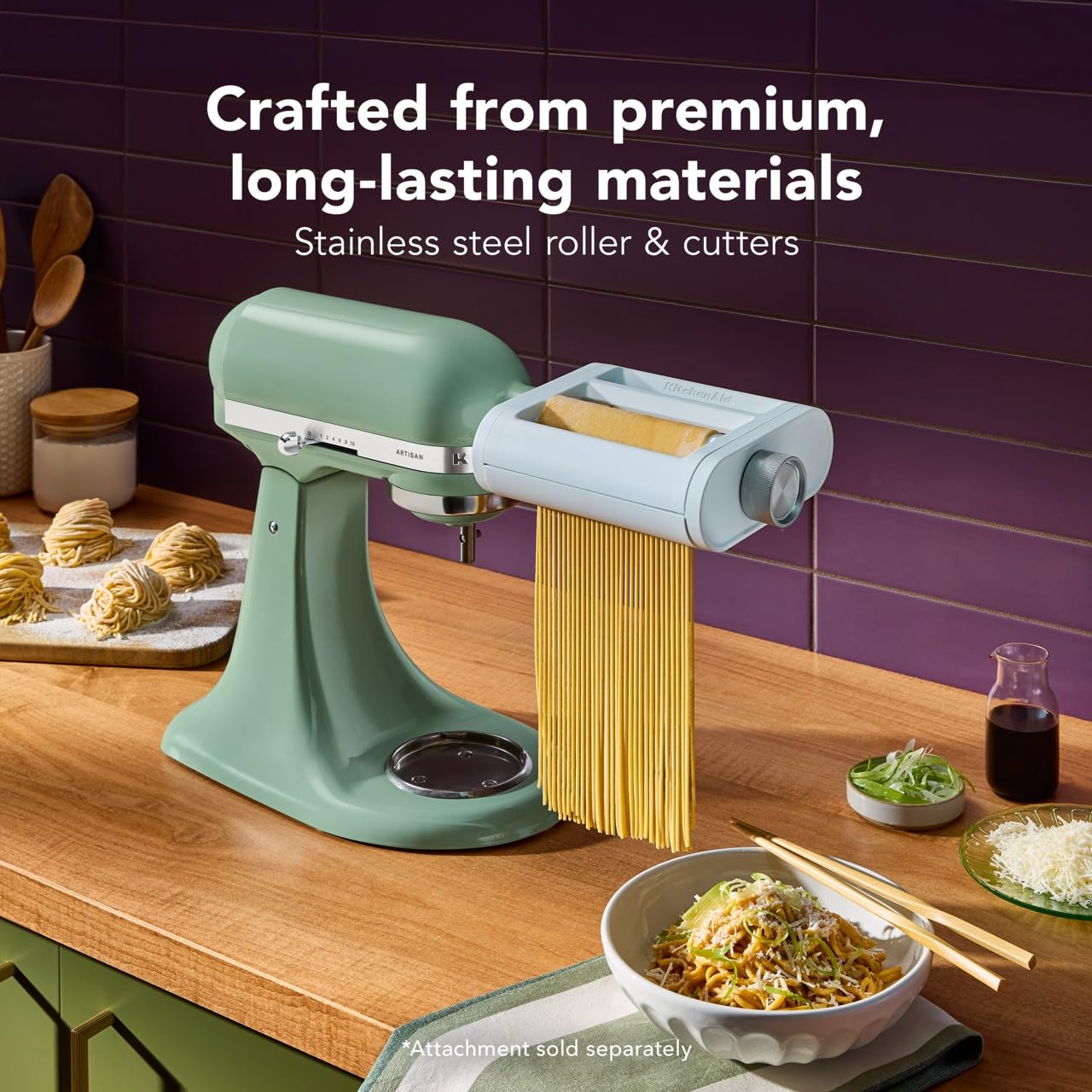 KitchenAid spaghetti cutter detail producing uniform thin noodles for consistent cooking