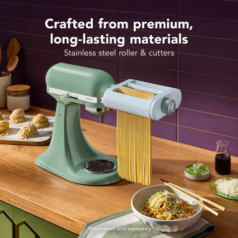 KitchenAid spaghetti cutter detail producing uniform thin noodles for consistent cooking