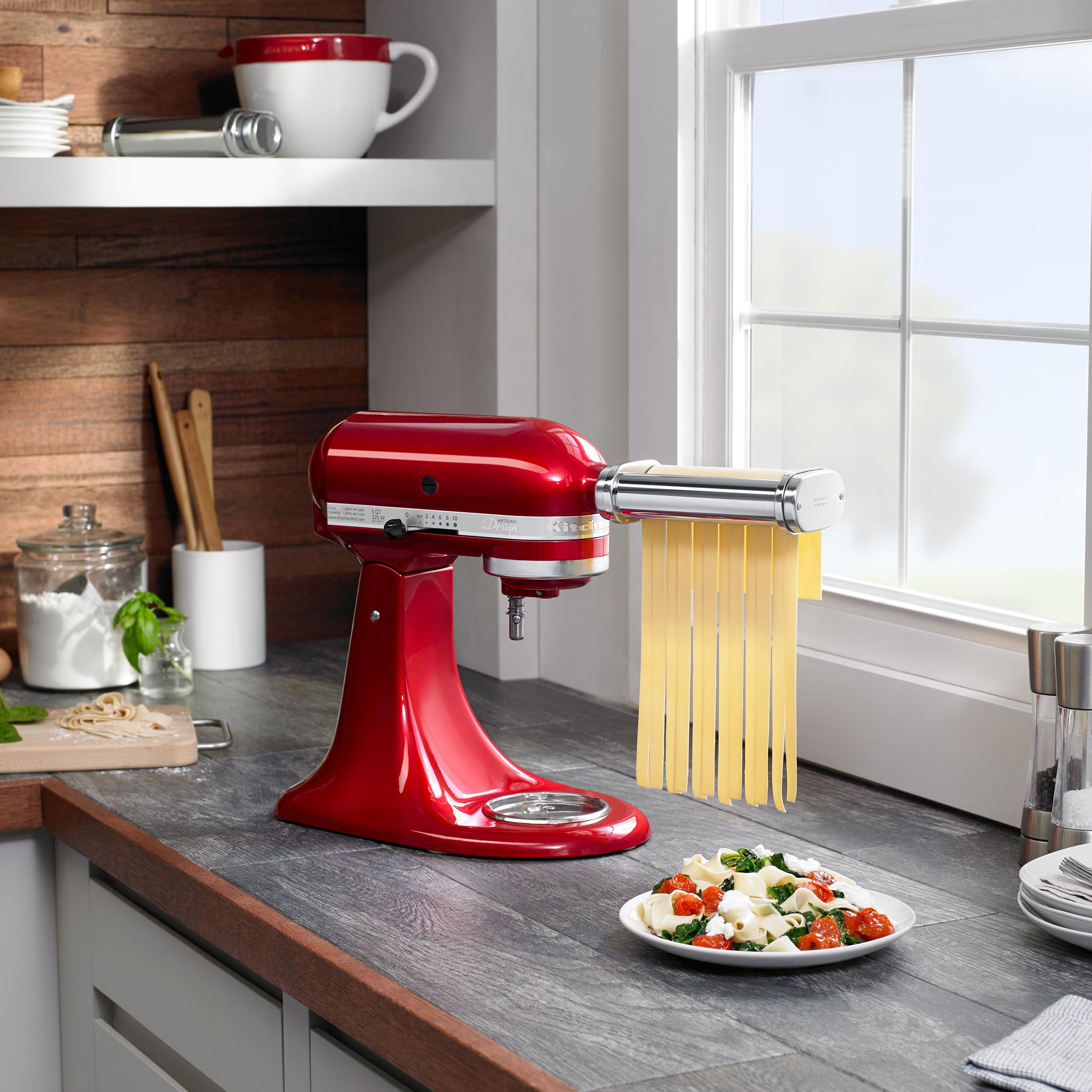 KitchenAid cutting action turning rolled dough into spaghetti for quick meals
