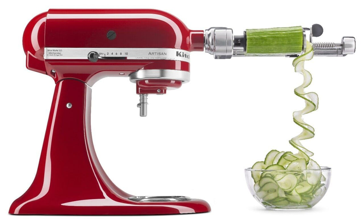 KitchenAid front view of spiralizer attachment showing solid metal build and ease