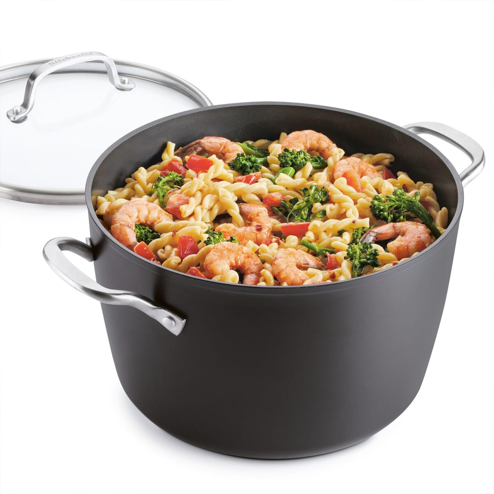 KitchenAid stock pot on induction cooktop illustrating induction compatibility benefit