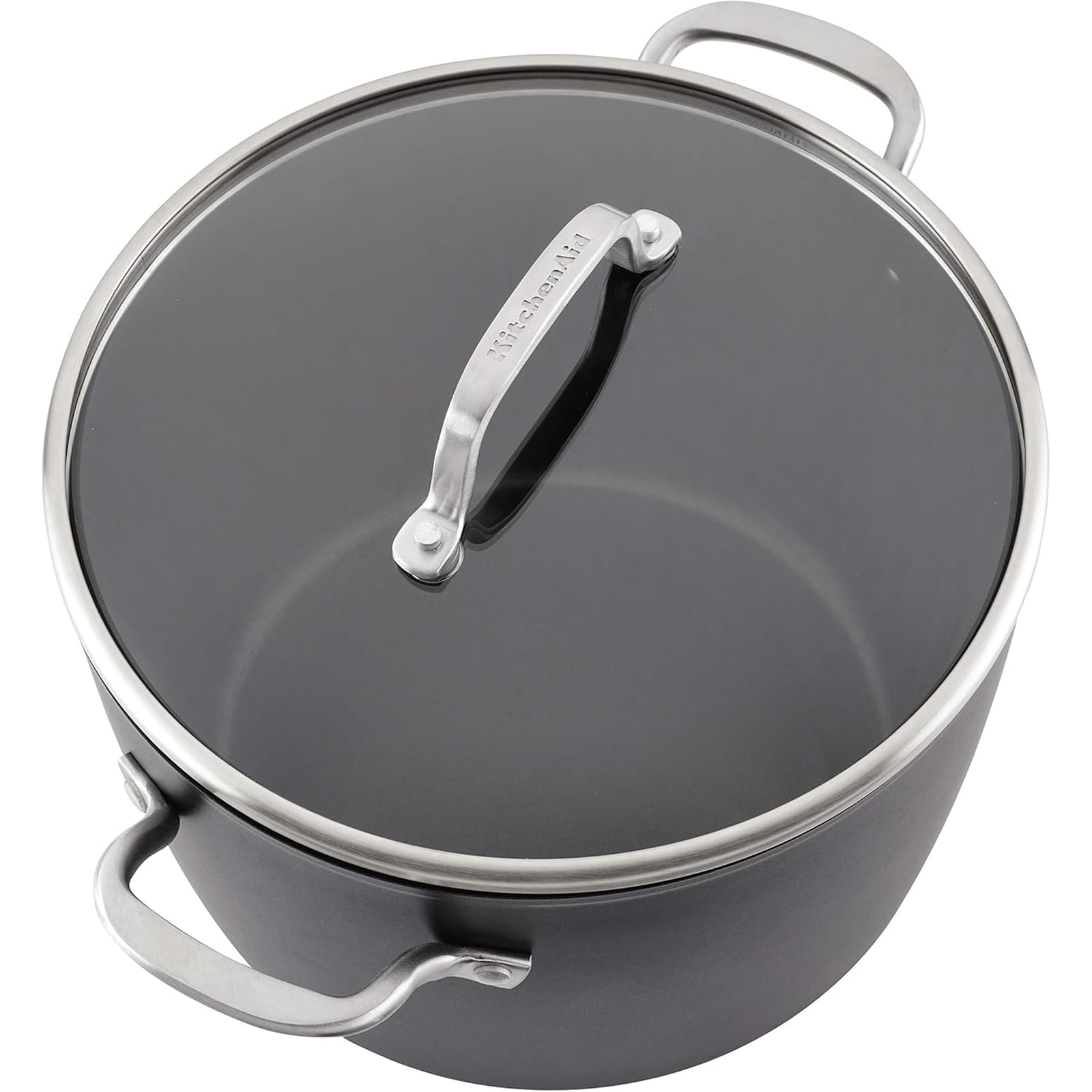 KitchenAid stock pot with oven mitts showing oven-safe up to 500°F benefit