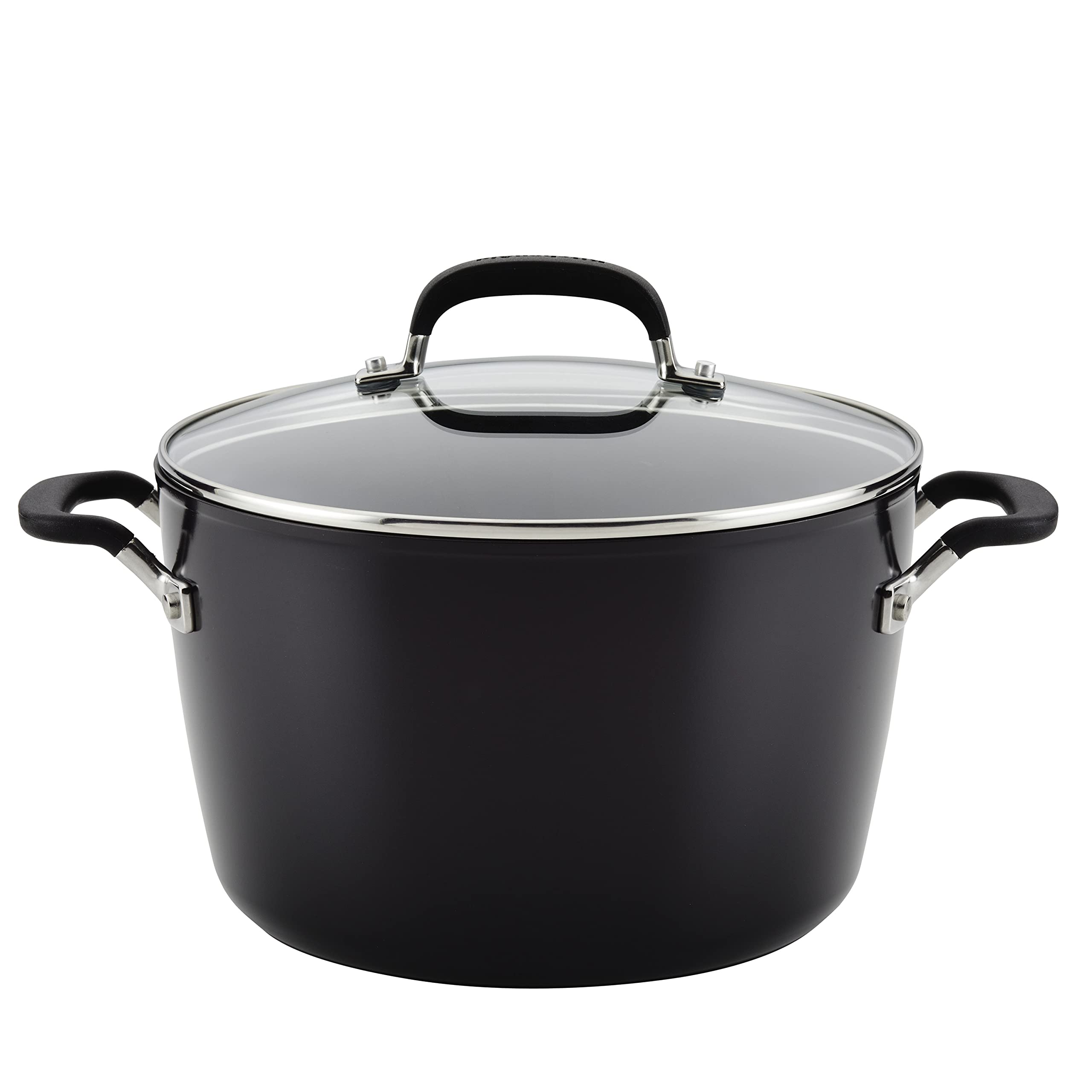 KitchenAid front view of onyx black 8-quart stock pot showing sleek finish and capacity benefit