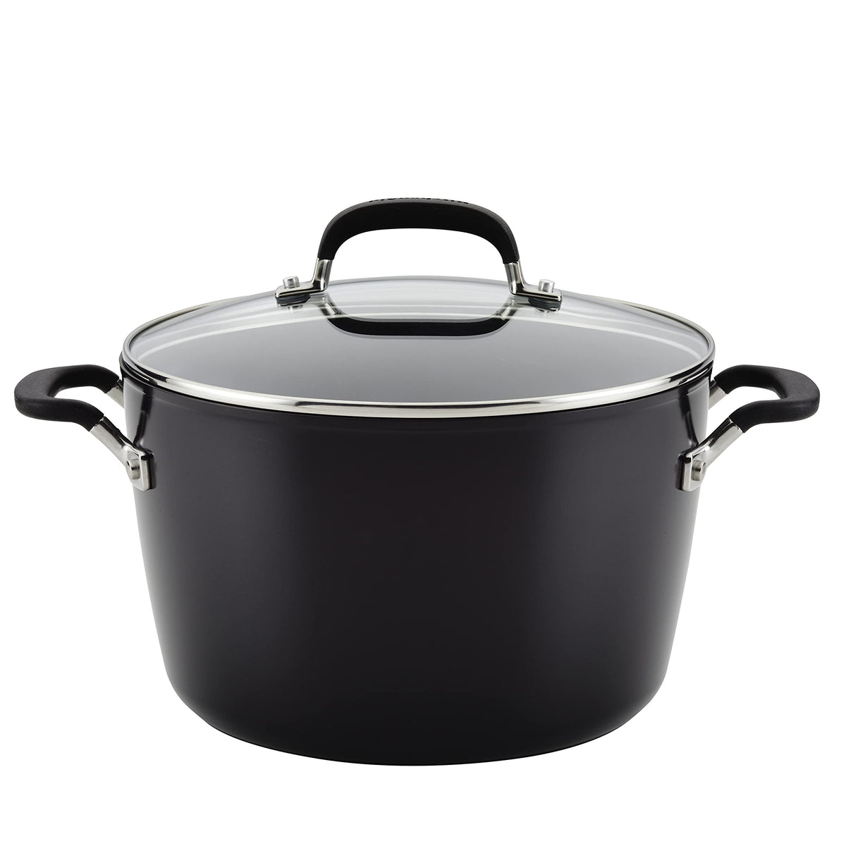 KitchenAid front view of onyx black 8-quart stock pot showing sleek finish and capacity benefit