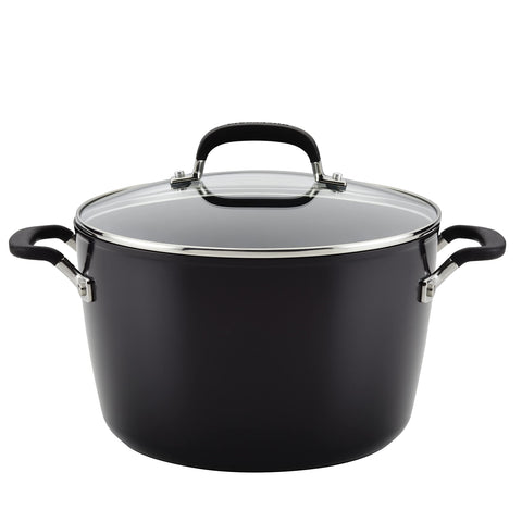 KitchenAid front view of onyx black 8-quart stock pot showing sleek finish and capacity benefit