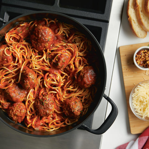 KitchenAid stock pot full of pasta demonstrating large 8-quart capacity for family meals