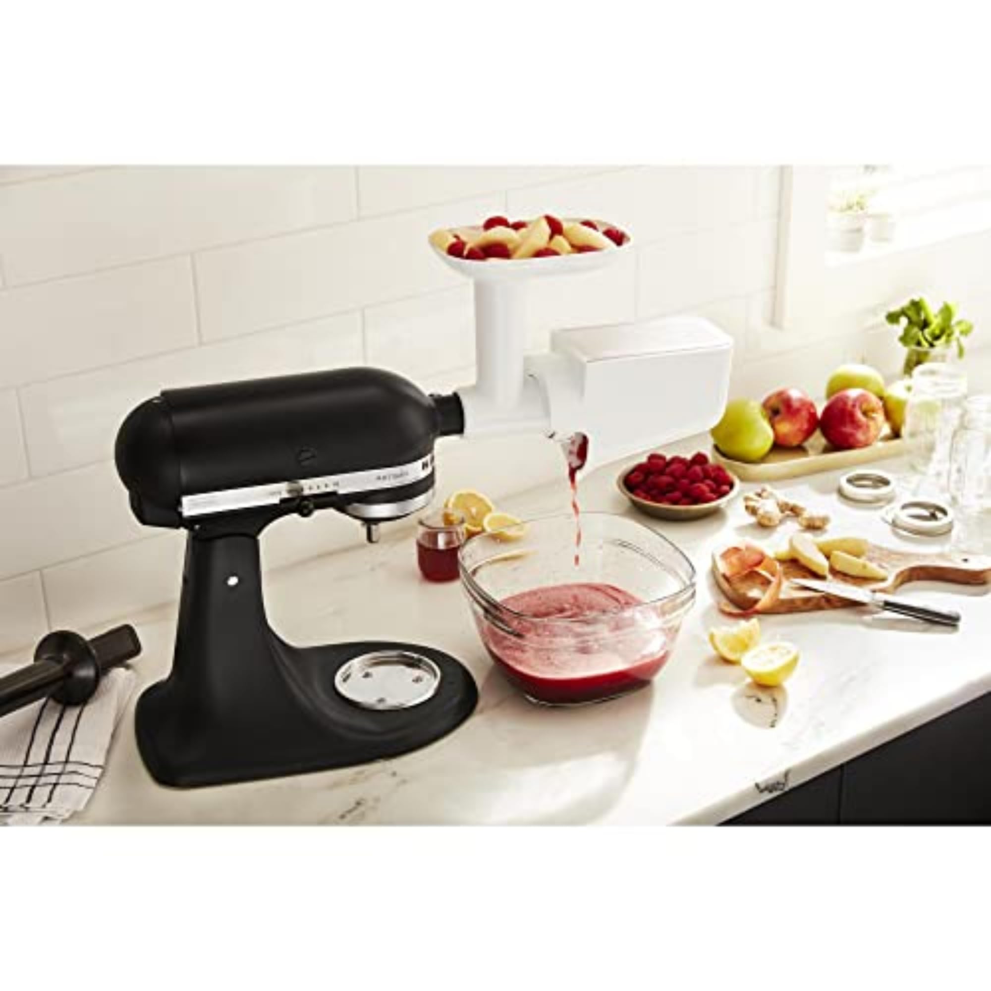 KitchenAid strainer attached to food grinder and mixer to speed processing