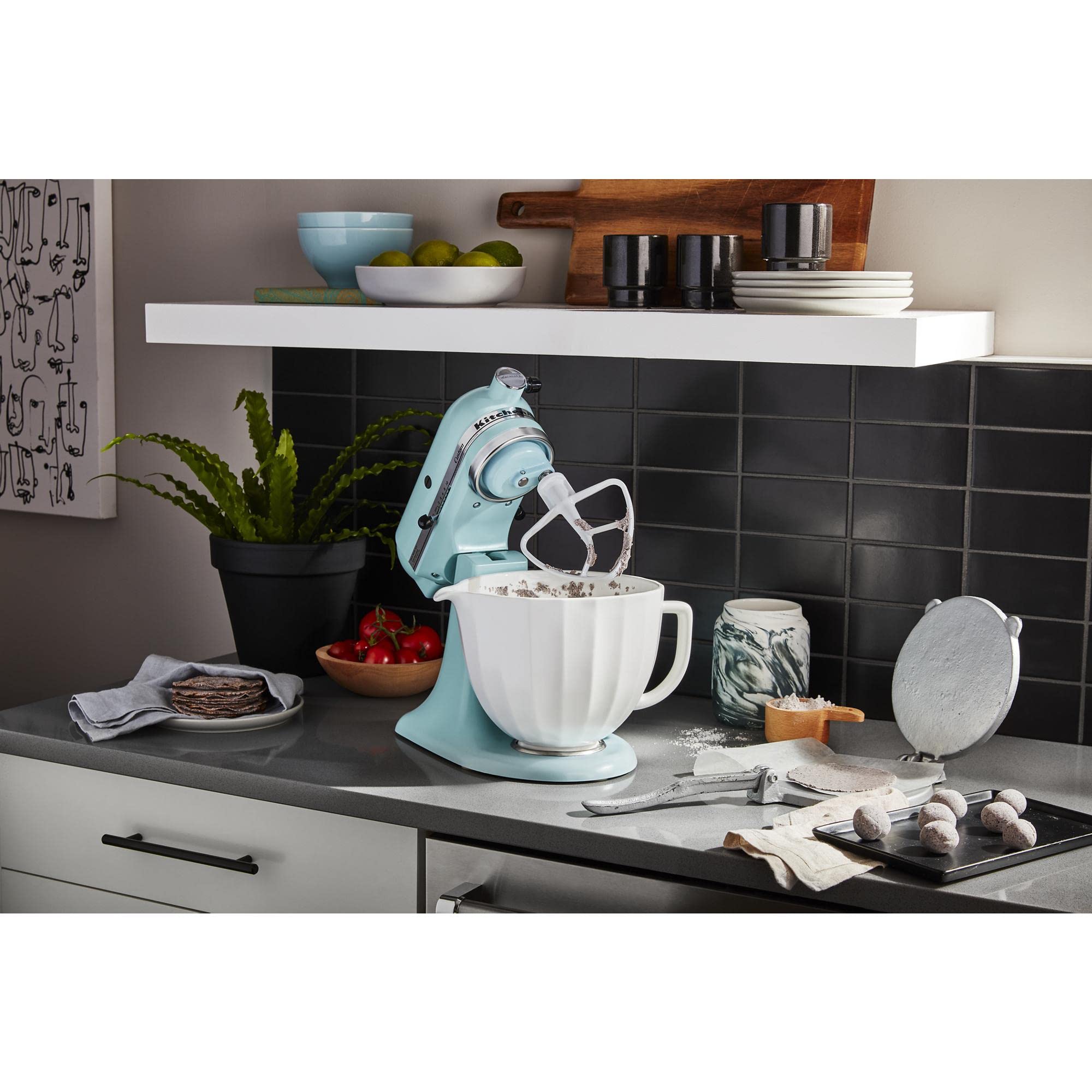 KitchenAid ceramic bowl installed on tilt-head mixer demonstrating compatibility