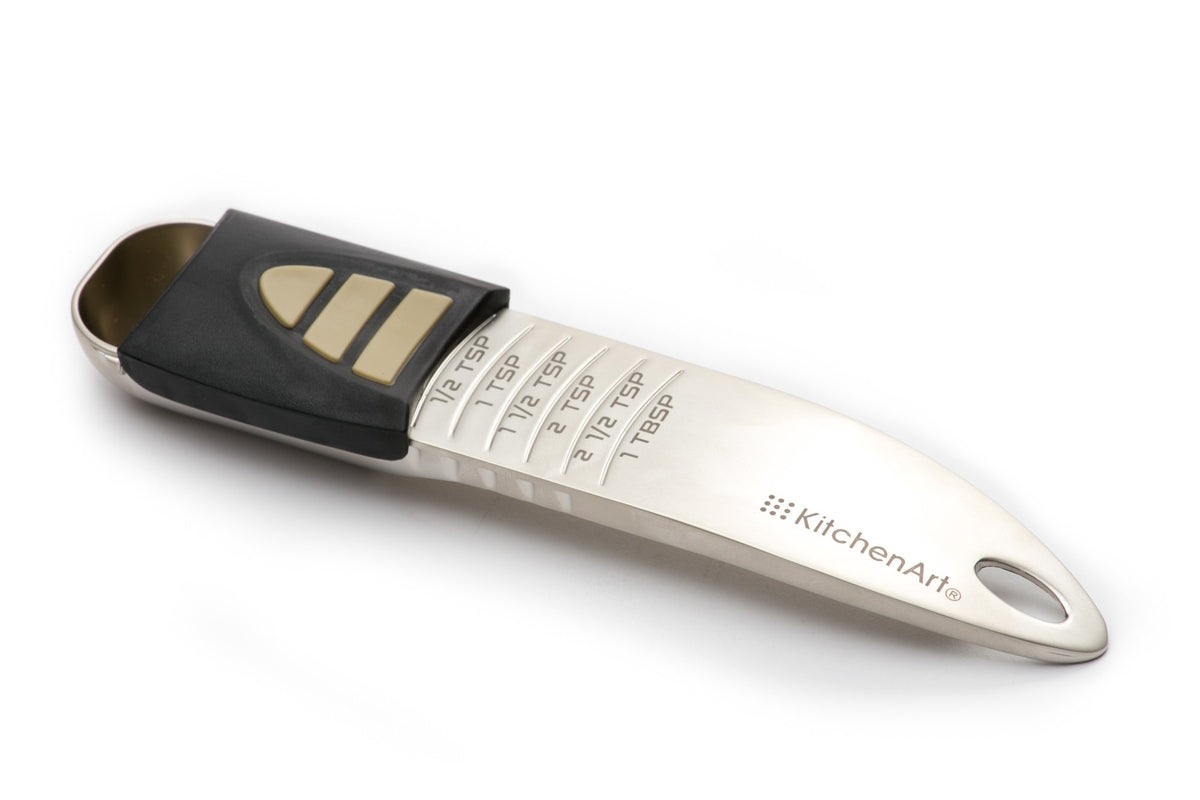 KitchenArt adjustable tablespoon front view showing compact design and space-saving benefit