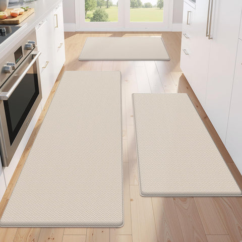 KitchenClouds front view of three khaki mats showing clean lines and benefit of comfort