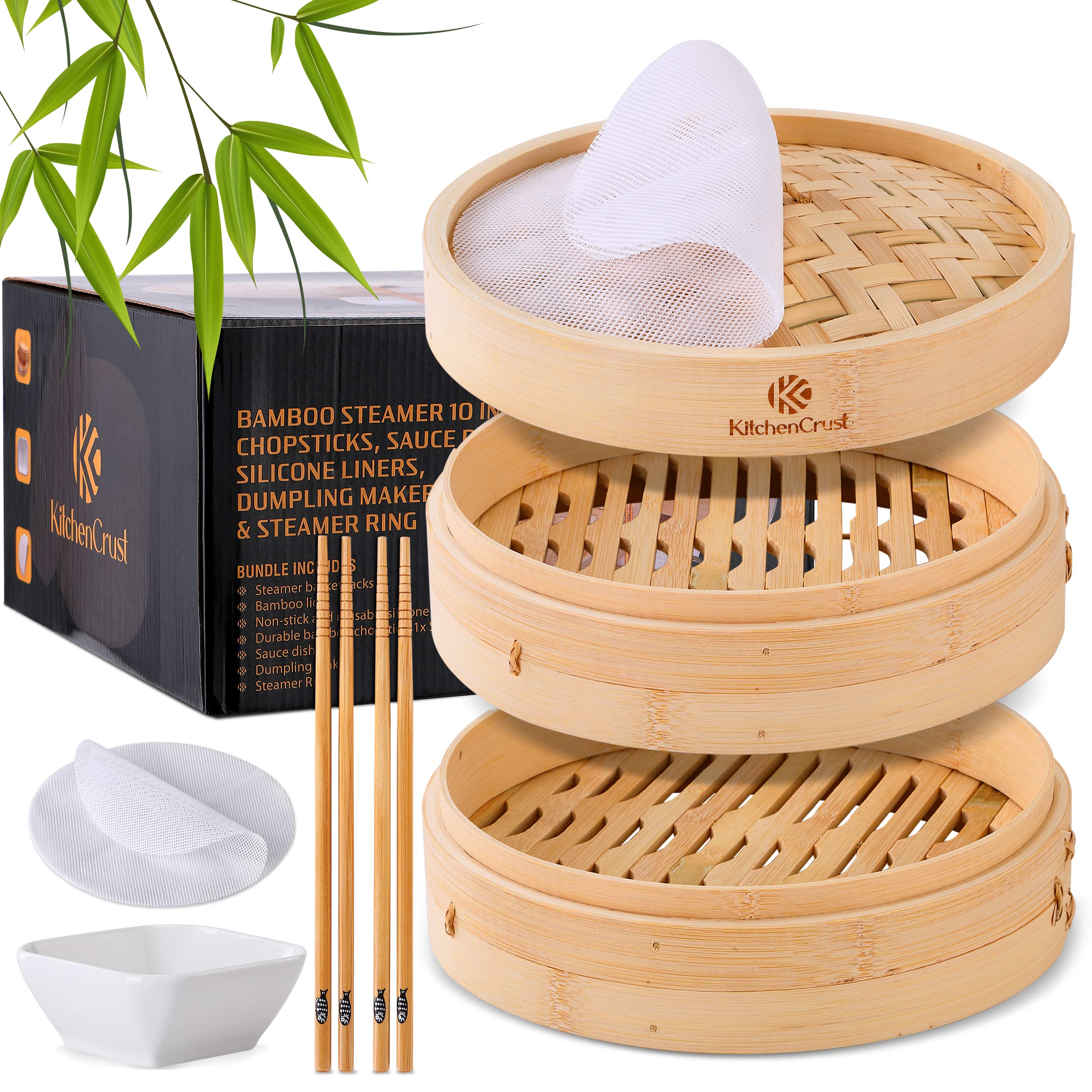 KitchenCrust front packaging showing complete 2-tier bamboo steamer set and accessories, easy setup