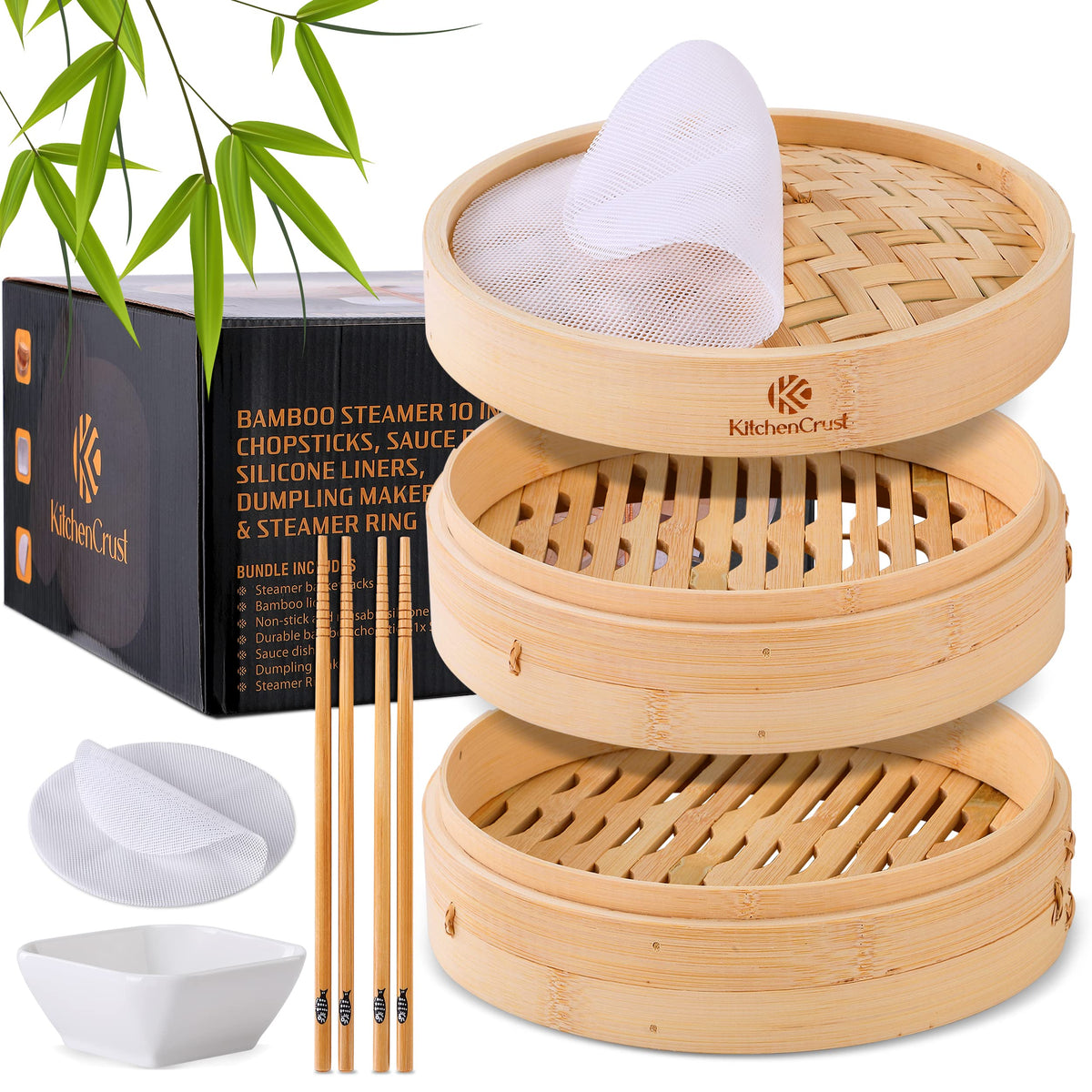 KitchenCrust front packaging showing complete 2-tier bamboo steamer set and accessories, easy setup