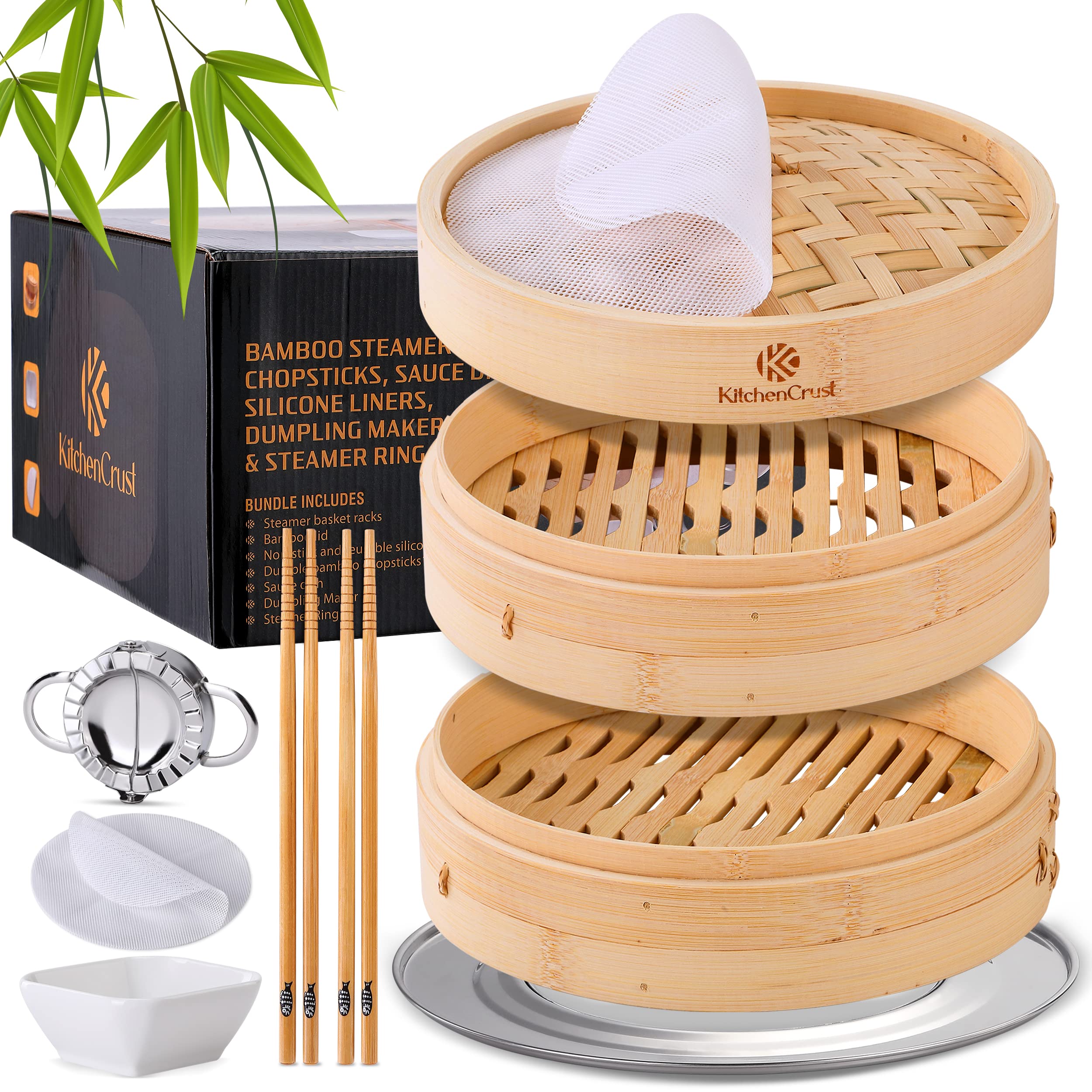 KitchenCrust front view of 10-inch bamboo steamer showing craftsmanship and easy stacking benefit