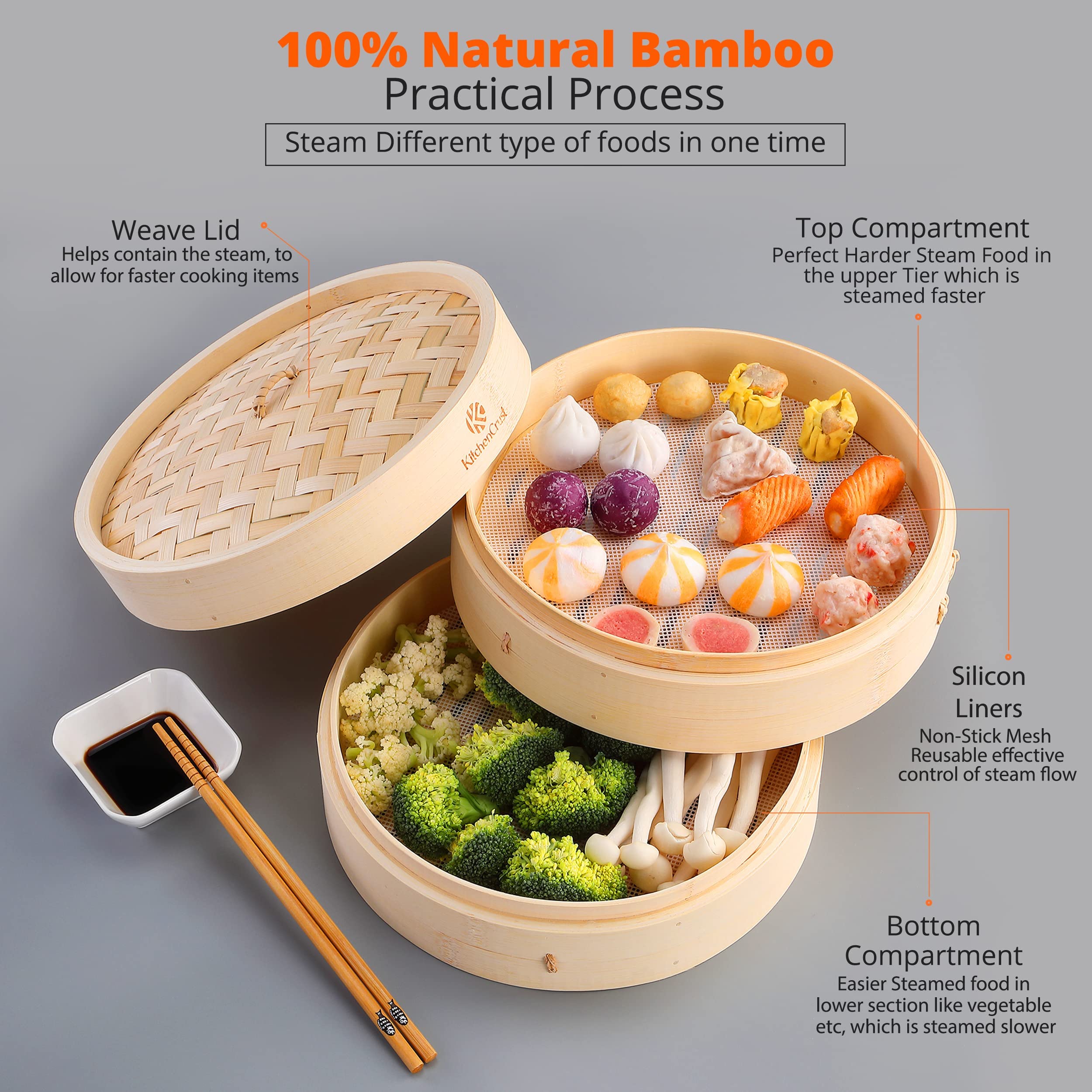 KitchenCrust lifestyle shot on tabletop with finished dishes, eco-friendly steaming experience