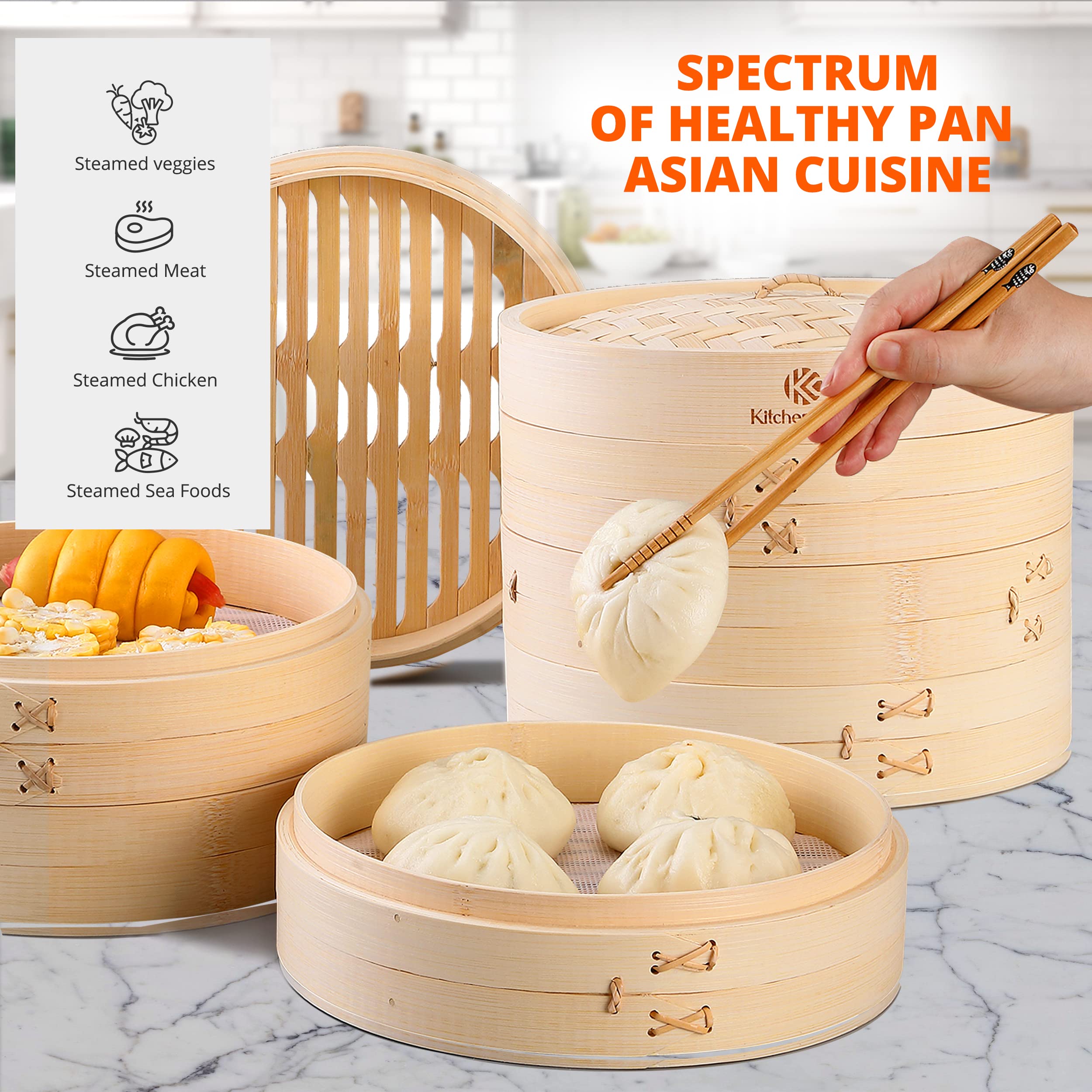 KitchenCrust steamer next to hand showing scale and compact storage advantage