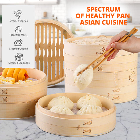 KitchenCrust steamer next to hand showing scale and compact storage advantage