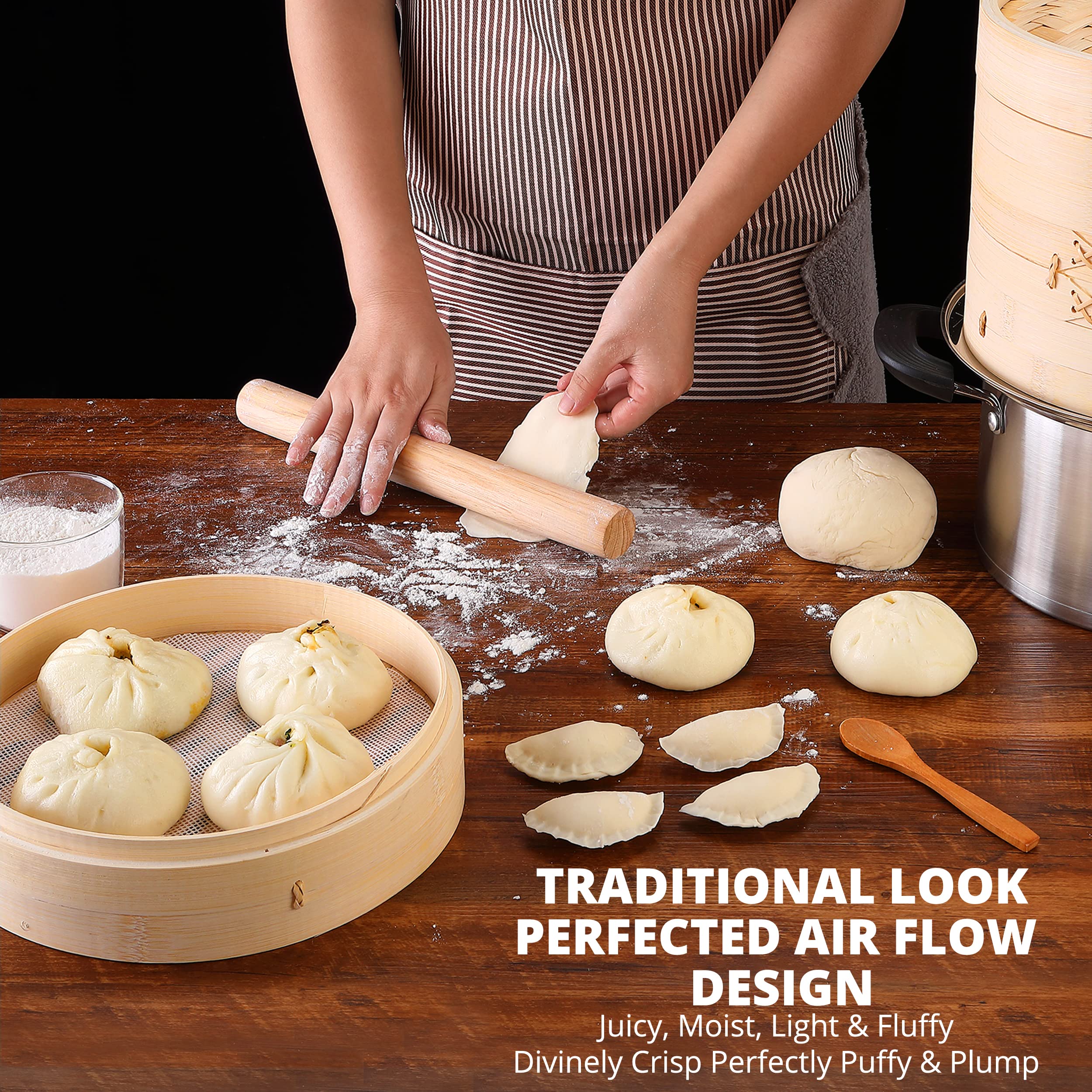 KitchenCrust steamer filled with bao buns, soft texture preserved and visually appetizing