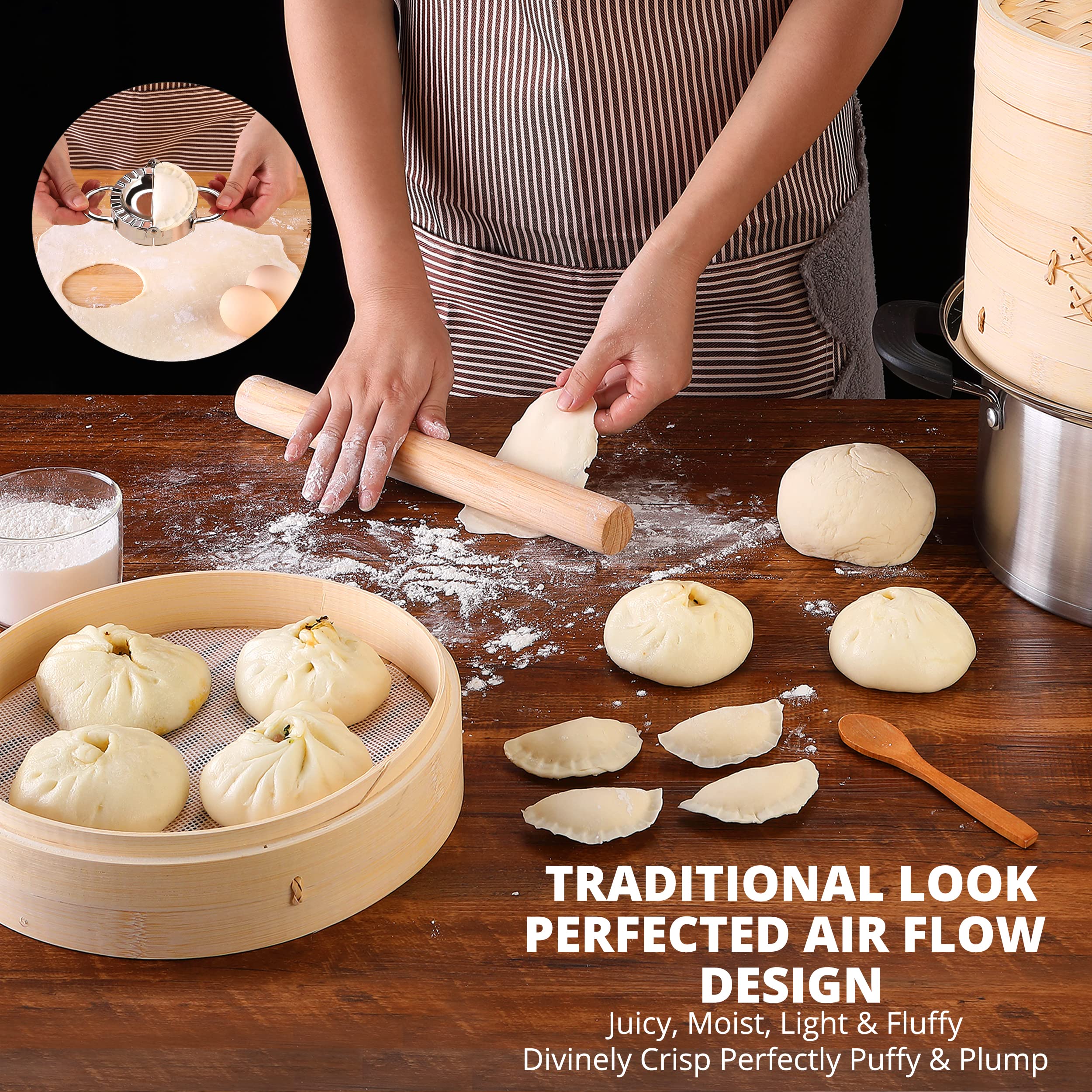 KitchenCrust two-tier steamer stacked over pot showing efficient simultaneous cooking benefit