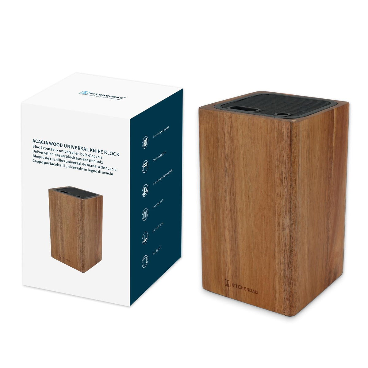 KITCHENDAO front view of acacia knife block showing elegant finish and capacity