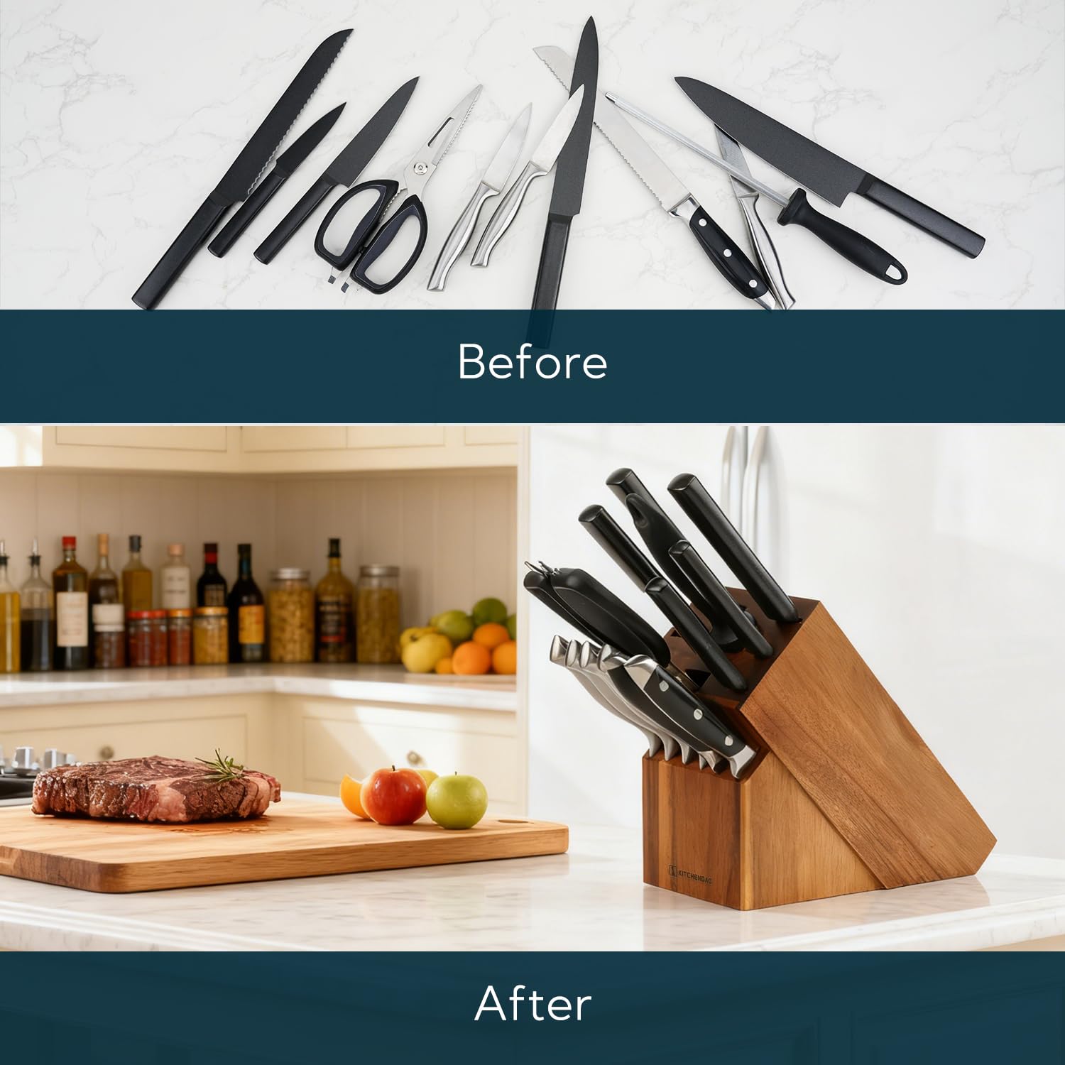 KITCHENDAO block next to knives for scale illustrating capacity and fit