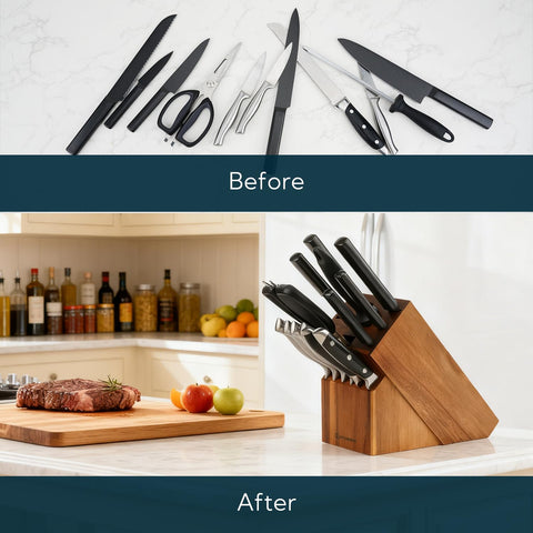 KITCHENDAO block next to knives for scale illustrating capacity and fit