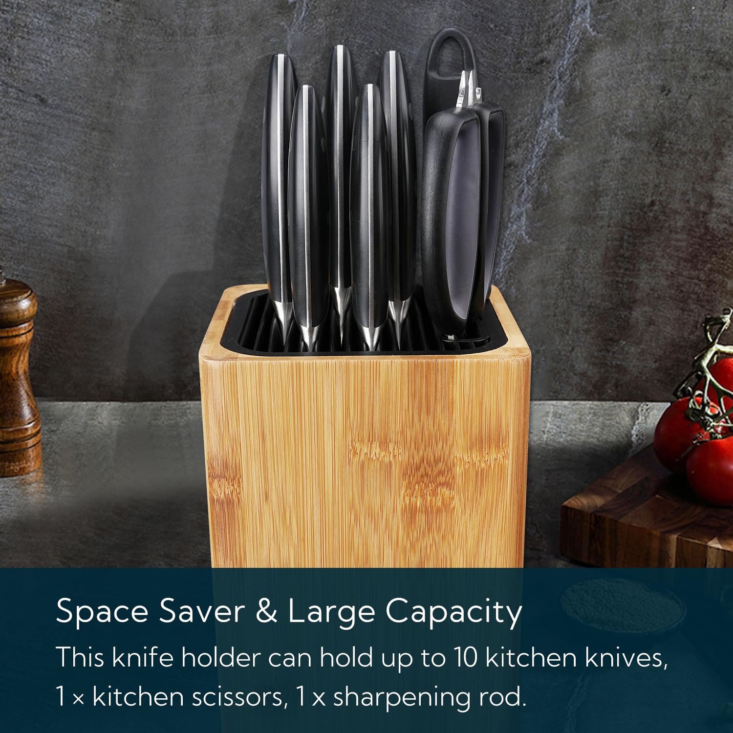 KITCHENDAO block holding knives, rod, and shears for quick access