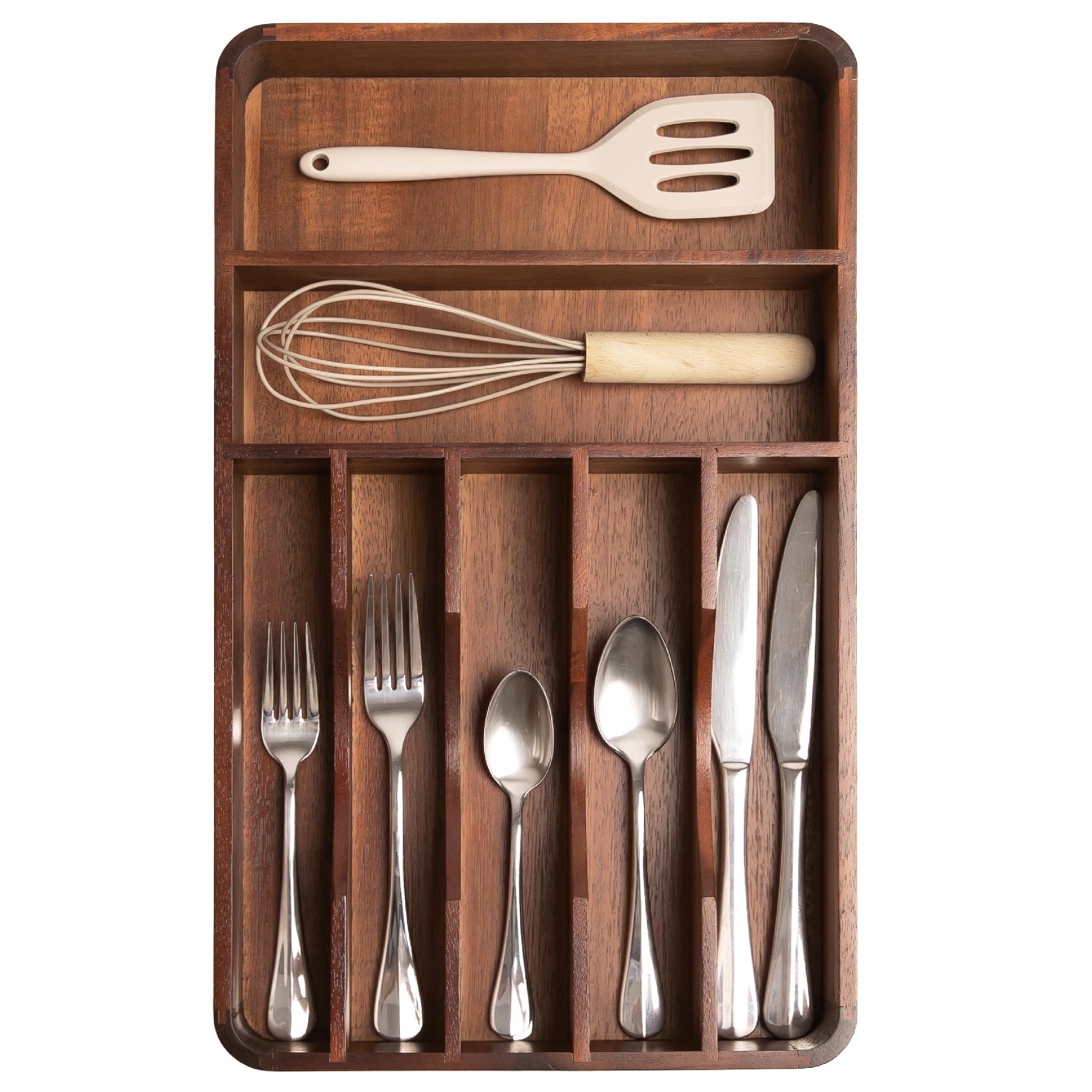KitchenEdge acacia organizer front view showing neat compartments and durable design