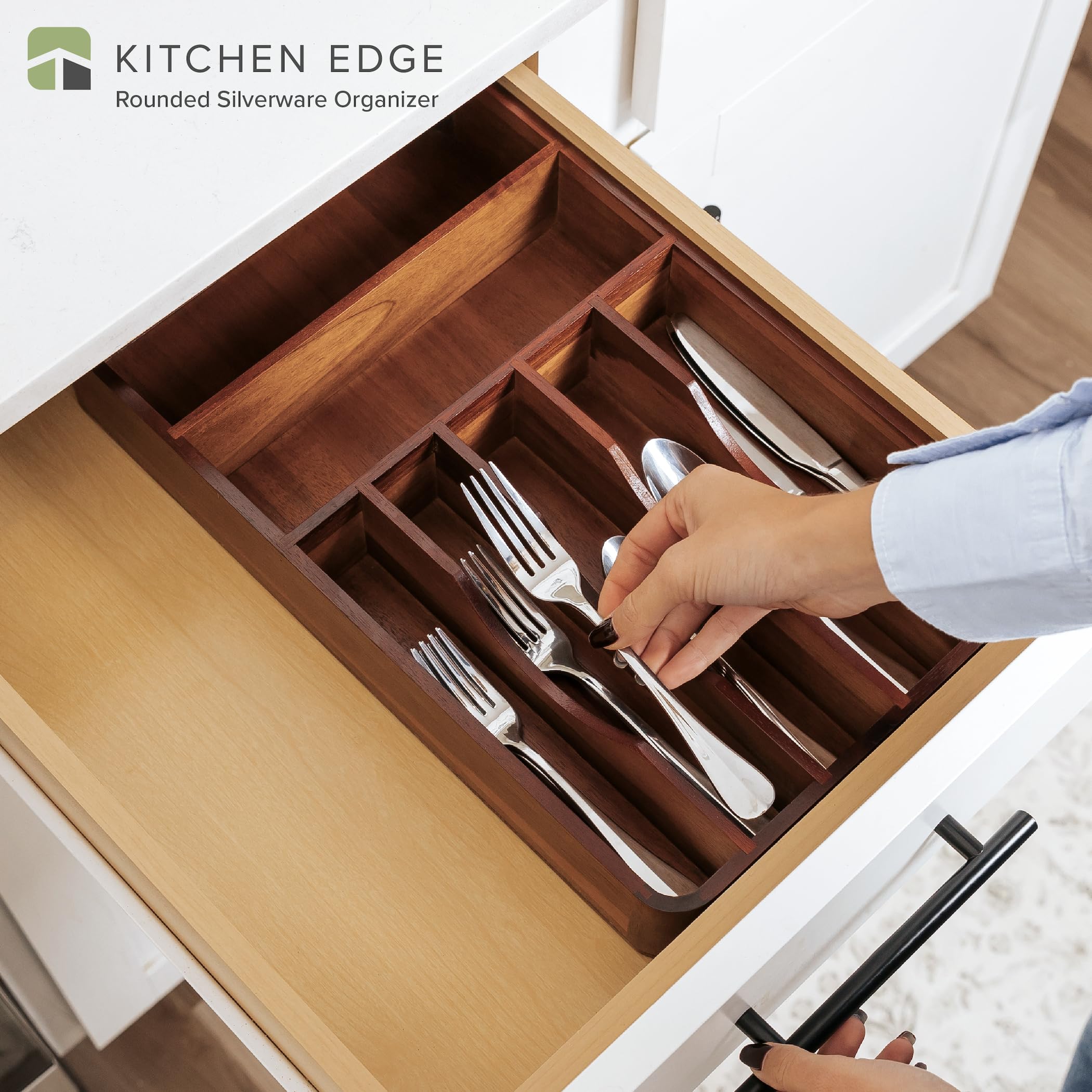 KitchenEdge acacia organizer top view revealing five compartments for quick access