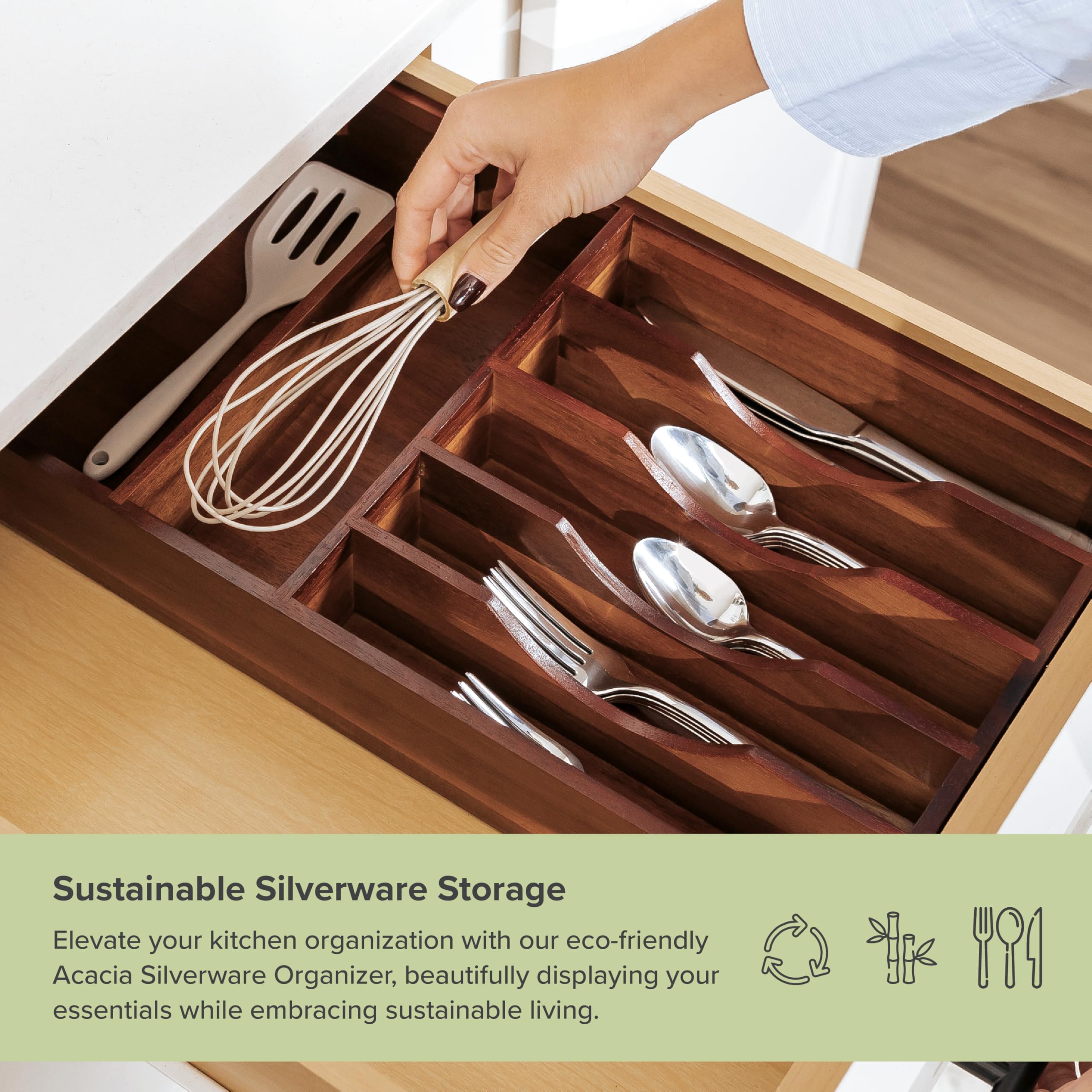KitchenEdge organizer filled with flatware to demonstrate 65-piece capacity benefit
