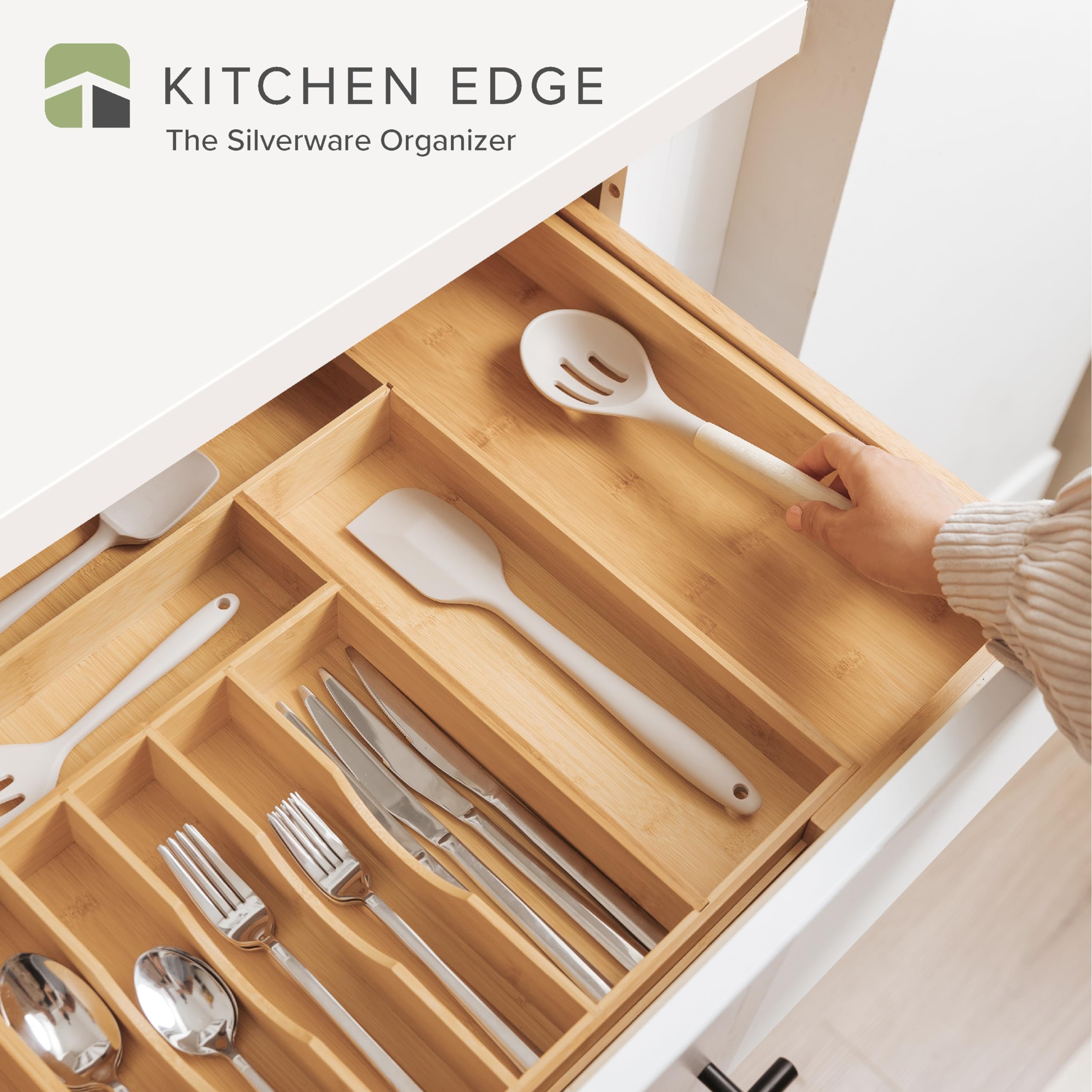 KitchenEdge expanded organizer demonstrating adjustable 16-to-28 inch fit and stability