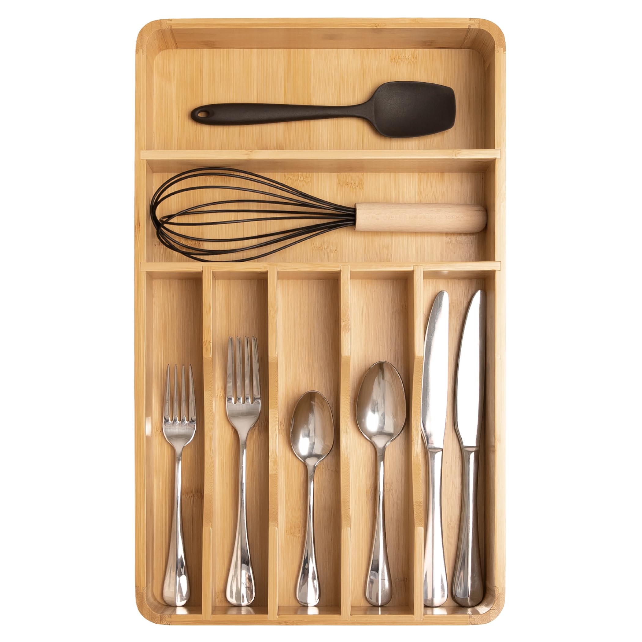 KitchenEdge bamboo organizer front view showing neat layout benefit