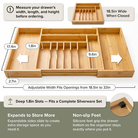 KitchenEdge organizer expanded inside a drawer demonstrating adjustable-width convenience