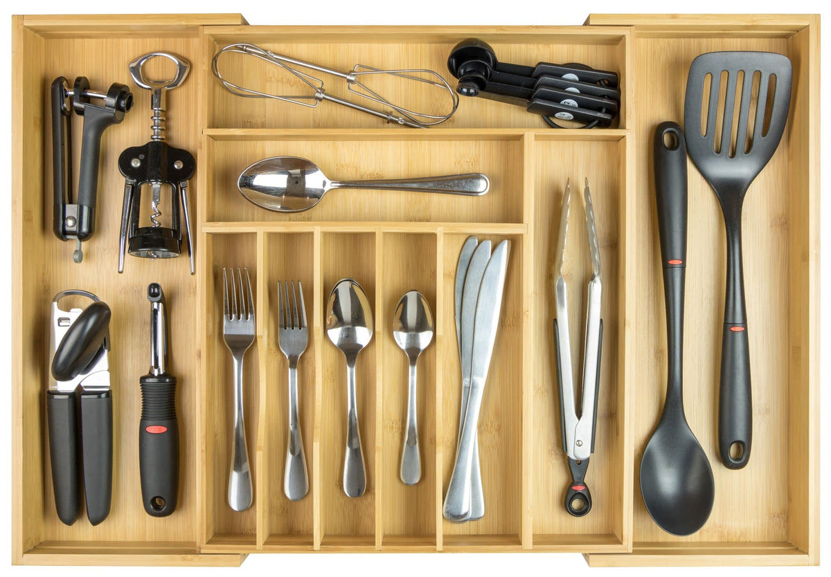 KitchenEdge front view of bamboo organizer showing neat compartments and durable finish