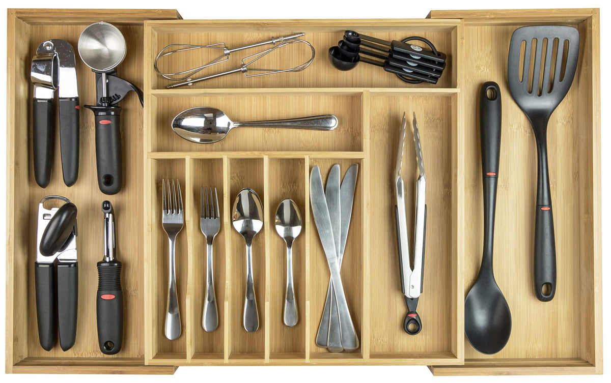 KitchenEdge front view of bamboo organizer shows neat compartments and tidy storage