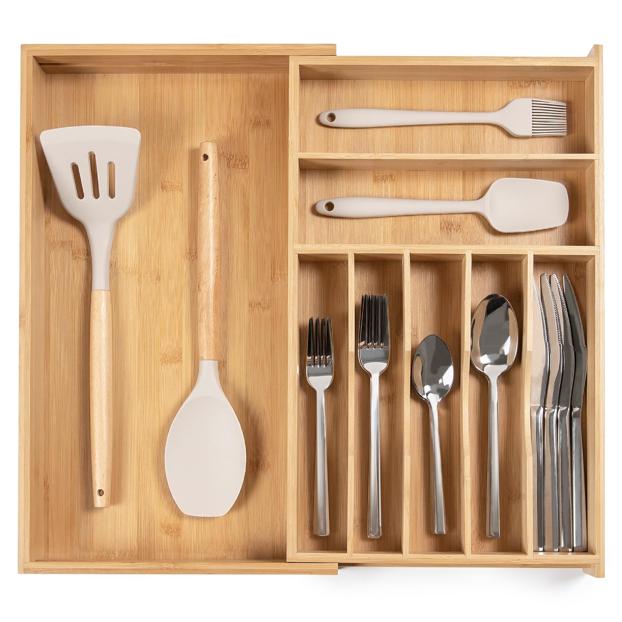 KitchenEdge front view of narrow bamboo organizer showing neat layout and quick access