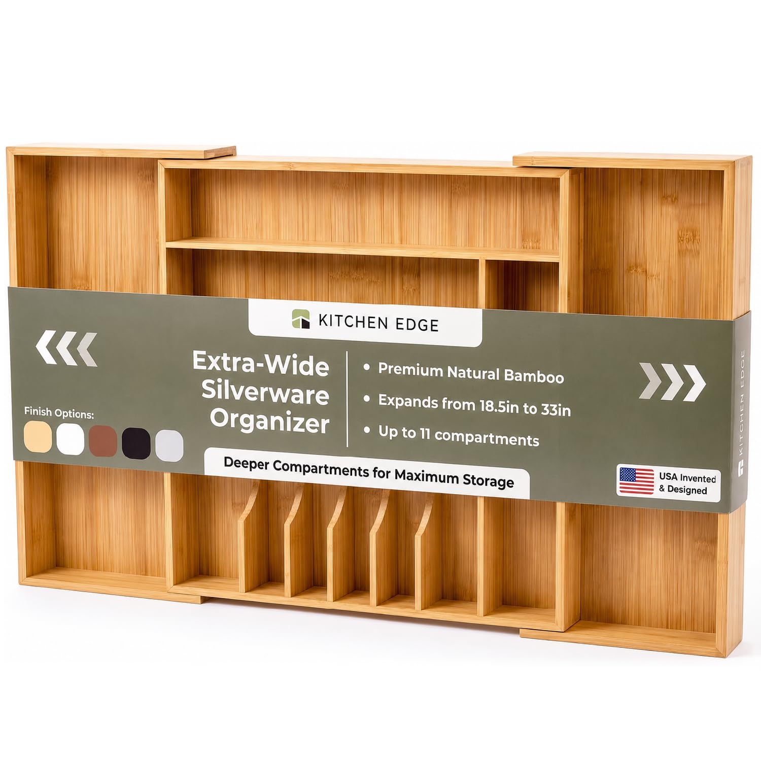 KitchenEdge front view of organizer showing clean bamboo finish and compartments for quick identification