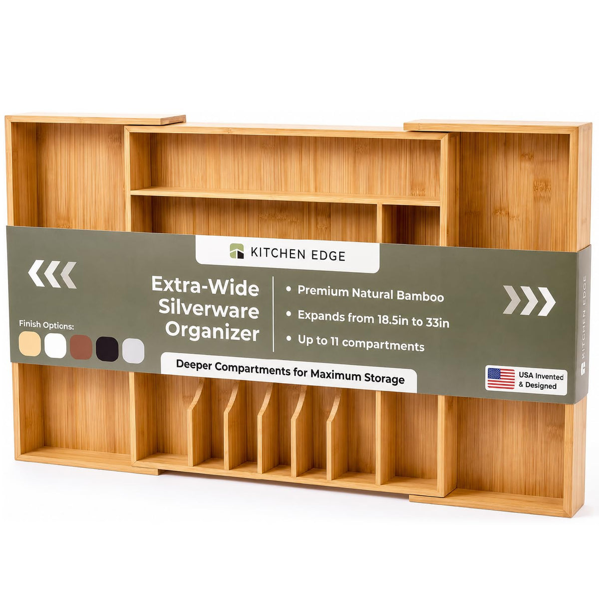 KitchenEdge front view of organizer showing clean bamboo finish and compartments for quick identification