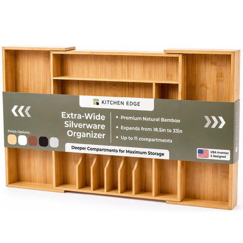 KitchenEdge front view of organizer showing clean bamboo finish and compartments for quick identification