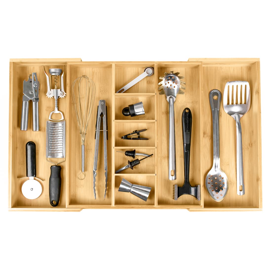 KitchenEdge front view of full bamboo organizer showing clean compartments and convenience