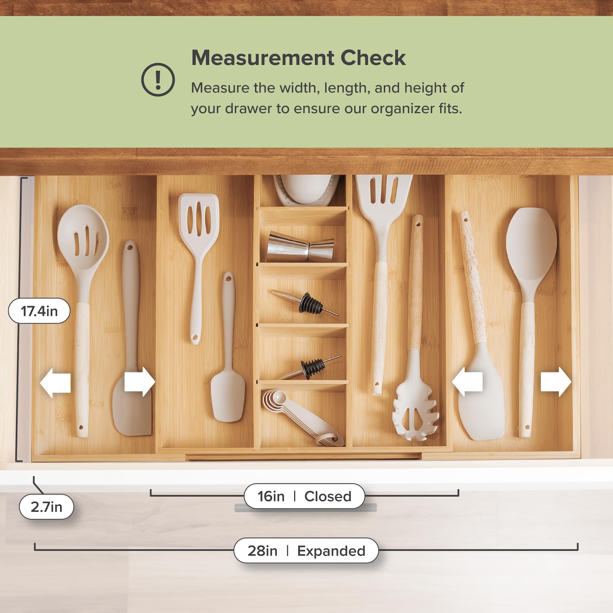 KitchenEdge installed in drawer with utensils demonstrating tidy organized storage