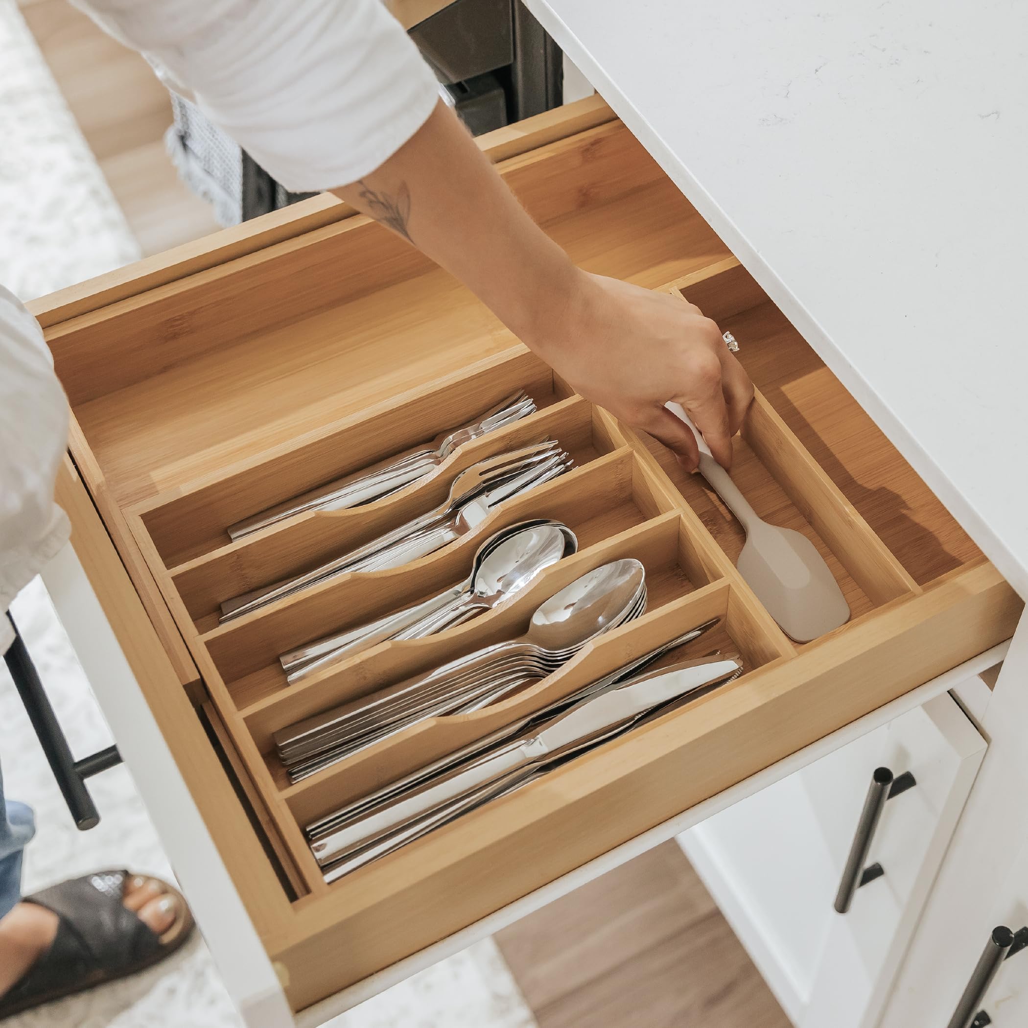 KitchenEdge on kitchen counter illustrating natural bamboo style and organized workflow