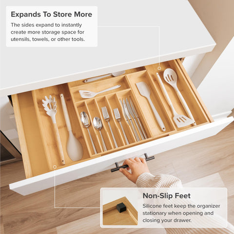 KitchenEdge installed in a kitchen drawer showing organized utensils and tidy space