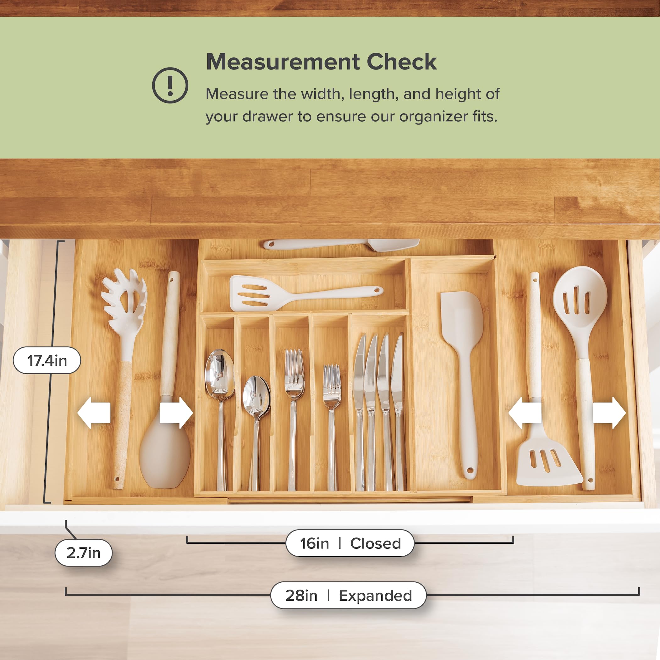 KitchenEdge organizer with flatware for scale showing generous capacity and depth