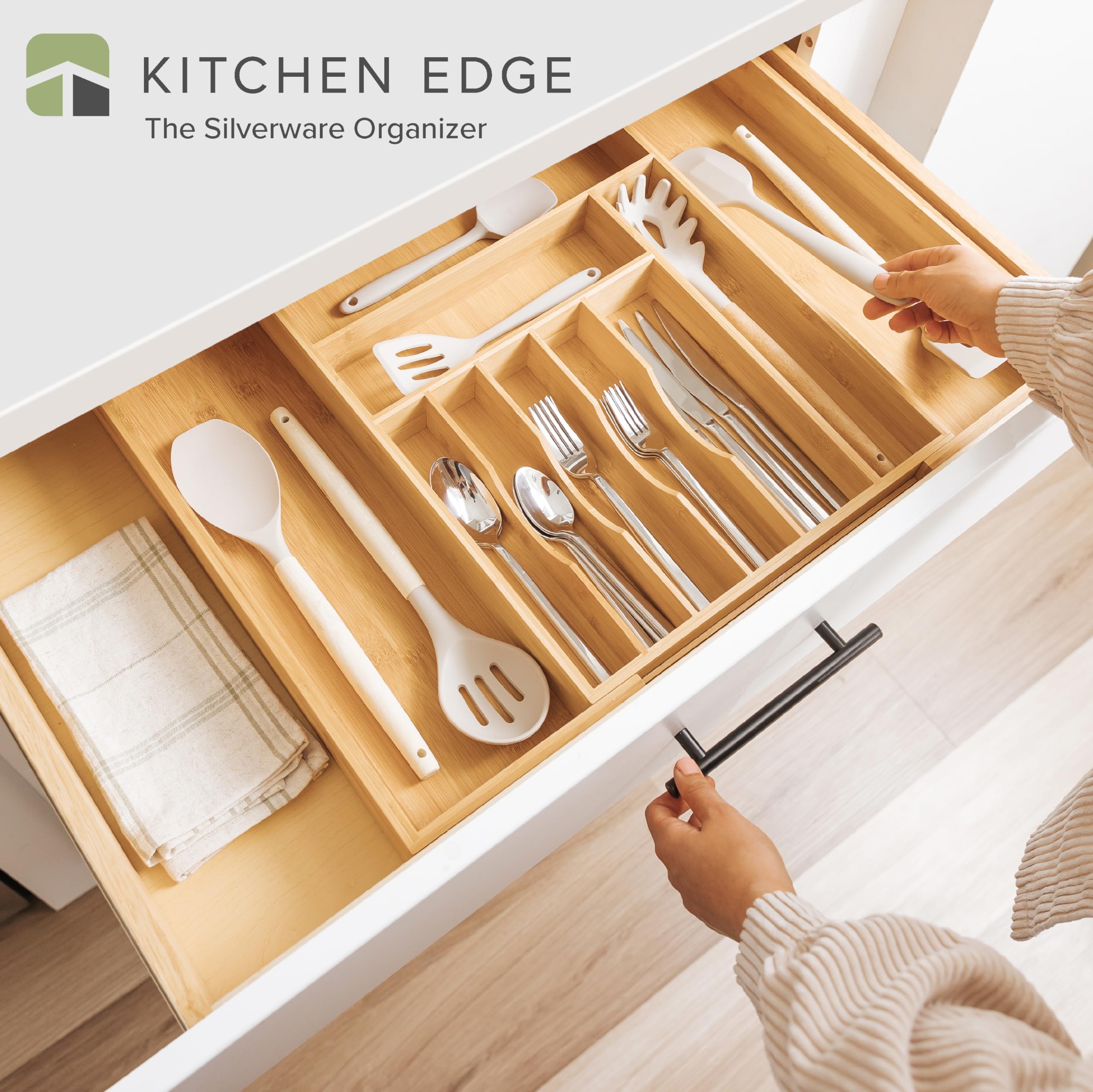 KitchenEdge top-down view of organizer filling an entire drawer for quick access