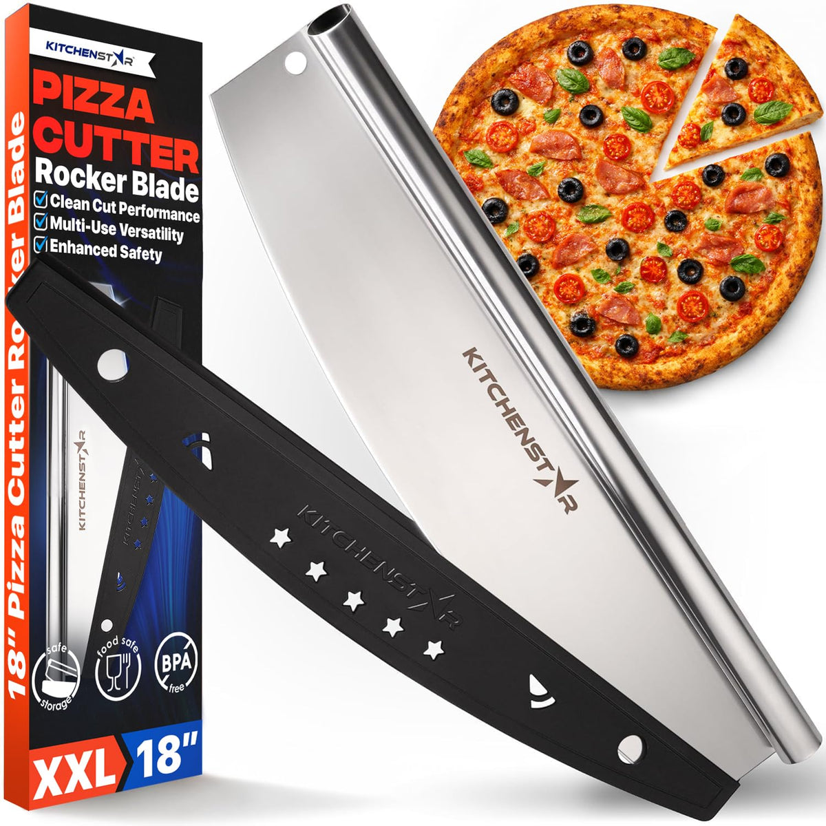KitchenStar front view of 18-inch rocker blade showing sleek silver finish and packaging benefit