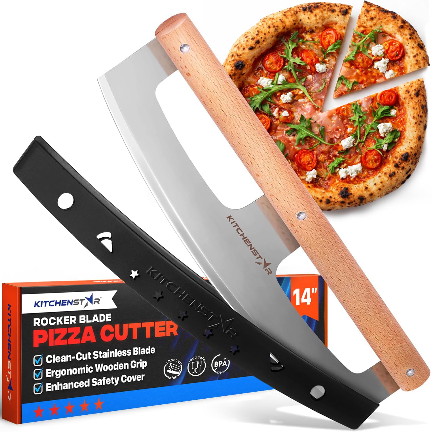 KitchenStar front view of 14-inch rocker showing full blade and handle, precise slicing