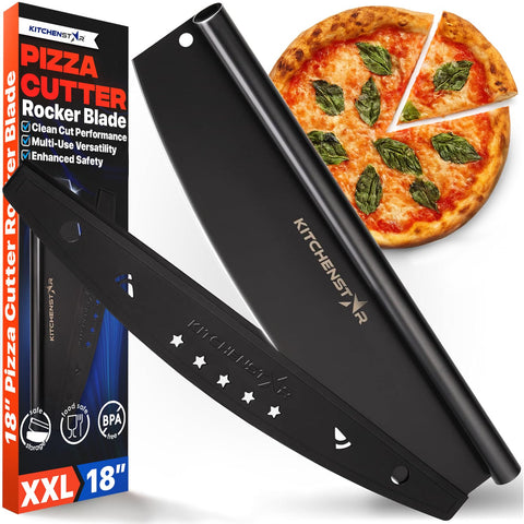 KitchenStar front view of black rocker cutter showing full-length blade and sleek design benefit fast slicing