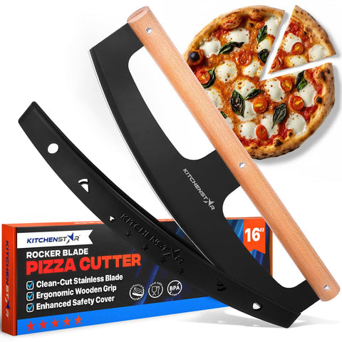 KitchenStar front view of full pizza cutter showcasing design and benefit